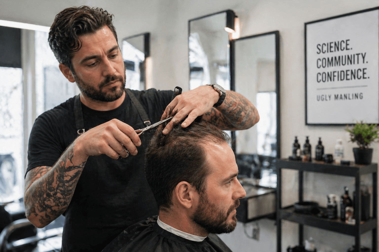 Barber cutting the hair of a man with visible thinning in a modern barbershop